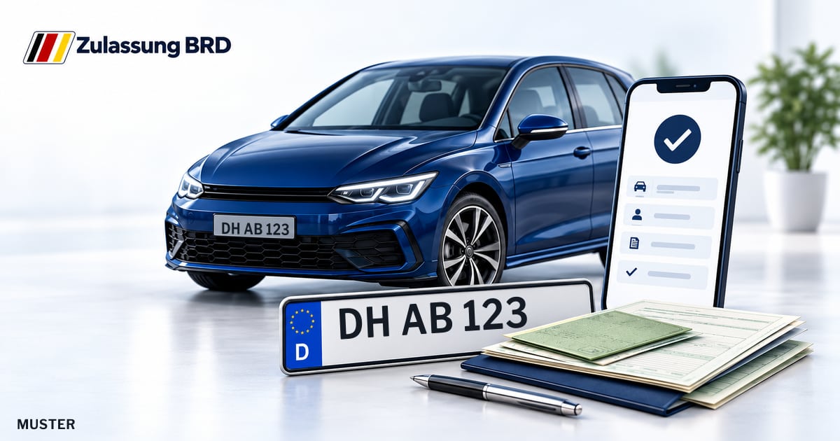 Online Fahrzeugzulassung in Twistringen: Musterkennzeichen DH AB 123, Auto und Fahrzeugpapiere und Smartphone. Illustration mit Logo von Zulassung BRD.